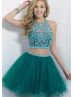 Tulle Beaded Halter Keyhole Back Two Piece Knee Length Prom Dress 
